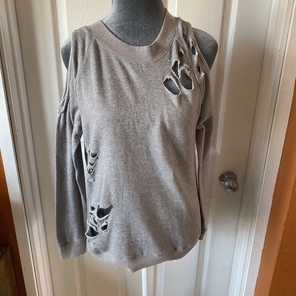 Emma Sweater Women’s Size Small Grey Cold Shoulder Crew Neck Distressed